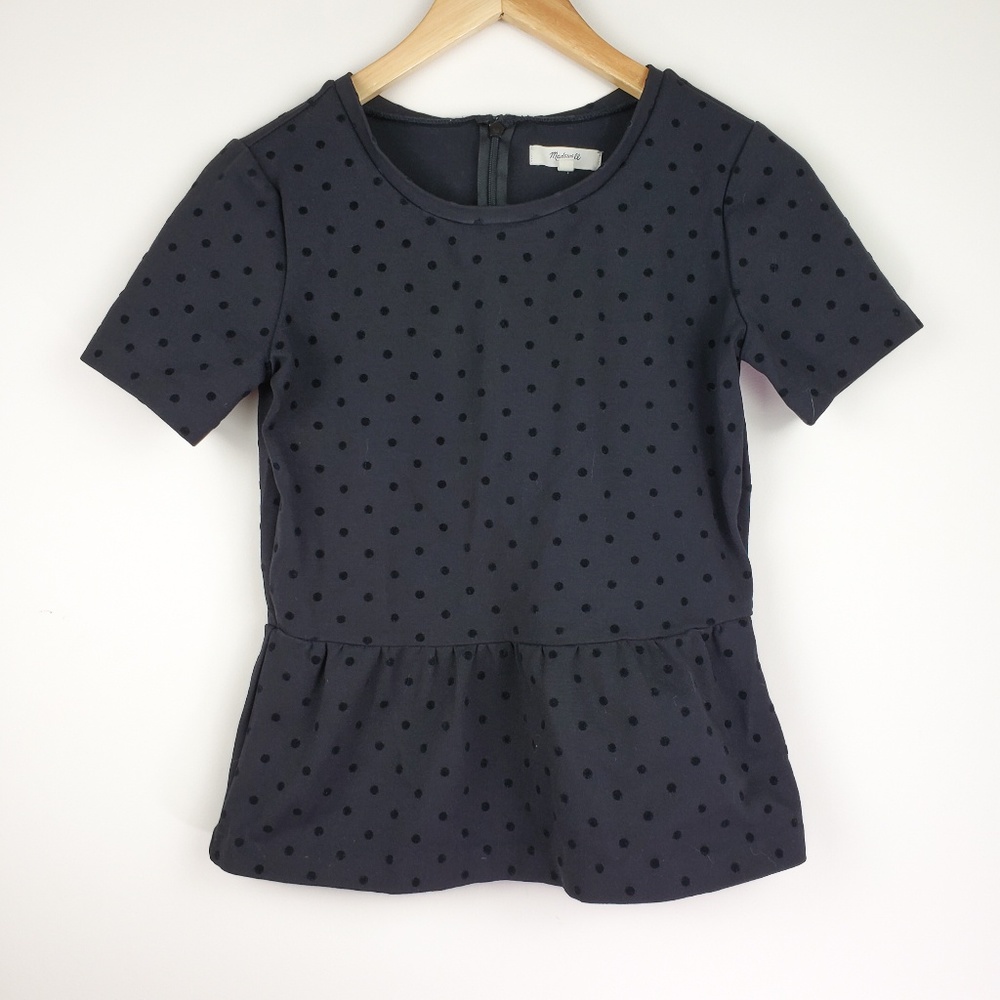 Madewell Black Velvet Polka Dot Peplum Top Shirt